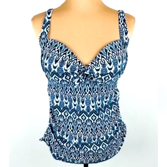 Kona Sol Other - Kona Sol Woman’s Medium Blue Geometric Swim Top Slimming Rouched Sides